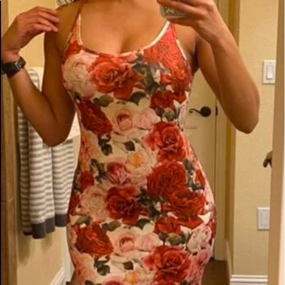 Midi red and pink flower dress